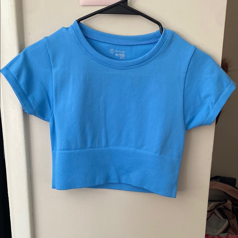 Aerie Blue Crop Top Short Sleeve Crew Neck